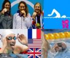 Плавательный женщин 400 м вольный стиль подиум, Камиль Муффат (Франция), Эллисон Шмитт (Соединенные Штаты) и Ребекка Адлингтон (Соединенное Королевство) - Лондон 2012 - 